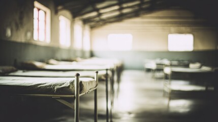 Fototapeta premium pudica. Military barracks with rows of empty beds in soft morning light. real-estate listings, architecture portfolios, designed for architectural facade and classical detail presentations. 