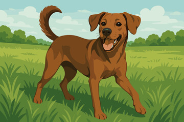 Energetic Dog in Field. Playful brown dog standing in a lush green field, captured vector illustration in natural light, energetic