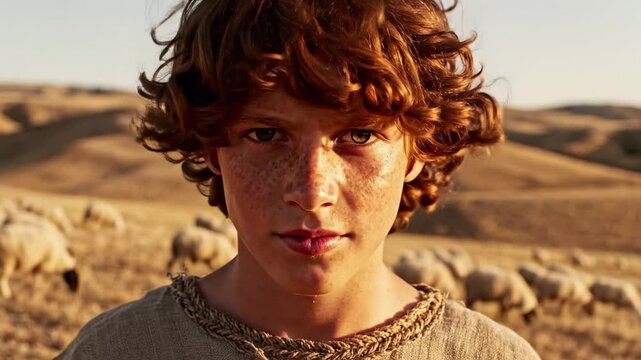 Portrait of young biblical David with red curly hair and freckles. Teenage shepherd boy and future King of Israel gazing confidently while tending sheep in ancient desert