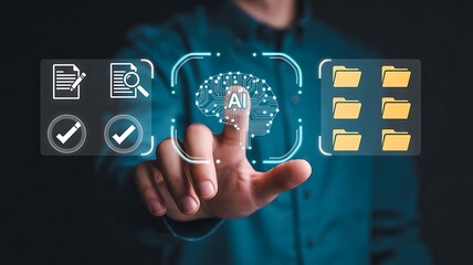 Businessman managing digital cloud archives using AI automated file categorization on interactive touch screen interface