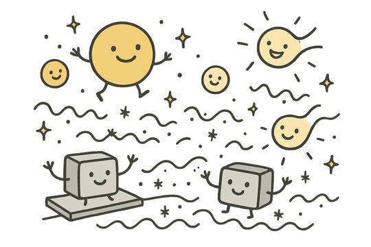 Cheerful Nano Sensor Art. Cute doodle nanoscale sensor illustration with cheerful plasmonic particles, cartoon detectors with