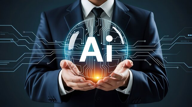 Businessman holding glowing 3D digital globe with AI text for global network and data analytics concept - Powered by Adobe