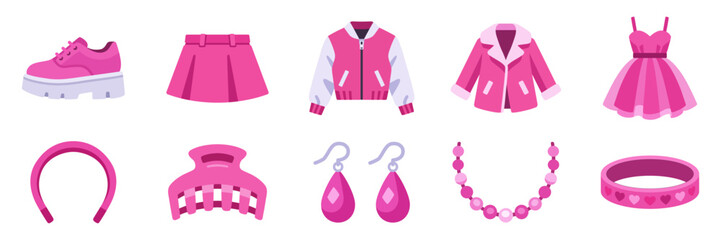 Barbiecore pink glam fashion icon set with bangle bracelet, bomber jacket, earrings, fur coat, hair claw clip, headband, mini skirt, pearl necklace, platform shoes, tulle dress, colorful collection wi