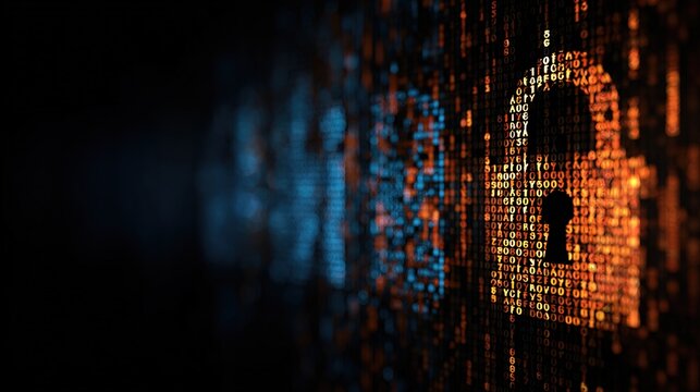 Futuristic cyber security illustration. Wireframe closed lock on blue blur background. Padlock technology, cybersecurity, and digital connection
