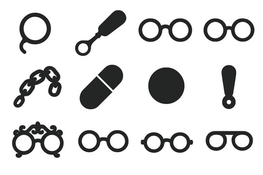 Antique Vision Aids. Solid style icons of Antique Vision Aids: Monocle, Lorgnette, Folding Spectacles, Rimless Glasses, Chain,