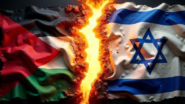 Israel vs Palestine National Flags Grunge Style with Fire Crack. Palestinian Gaza Strip War Conflict breaking relationship. Geopolitical Warfare crisis concept. Israel vs Hamas. Middle East security