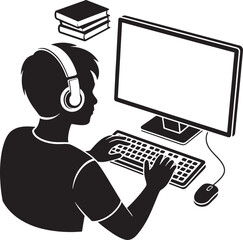 A student wearing headphones studies intently using a computer and reference books