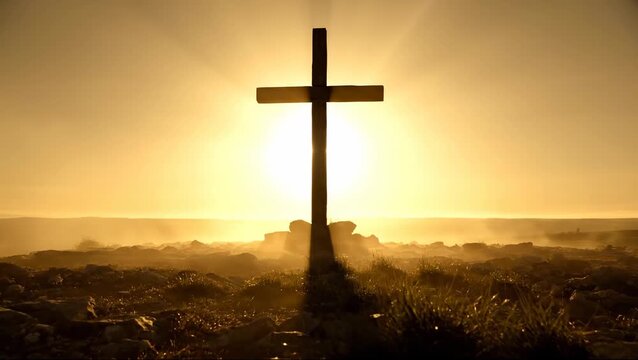 A silhouette of a Christian cross stands against a radiant golden sunset or sunrise, casting a long shadow over a misty landscape.