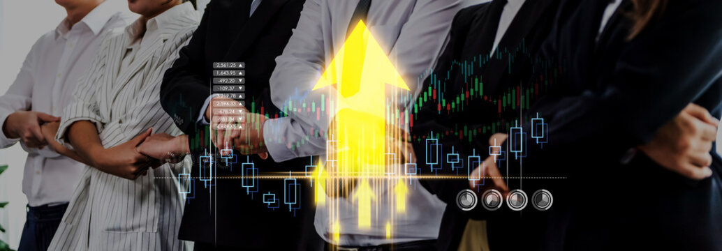 A diverse group of professionals stands united, representing collaboration and growth, with graphics of financial data and upward trends highlighting their goals. Trope - Powered by Adobe