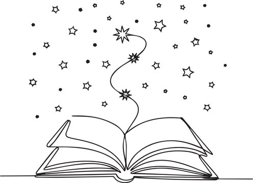 An open book emitting magical stars and sparkles into the air, symbolizing knowledge and imagination