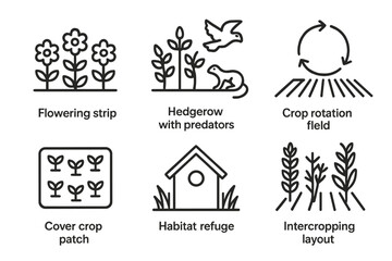 Fototapeta premium Habitat Management Icons. Line style icons of Habitat Management: flowering strip, hedgerow with predators, crop rotation field,