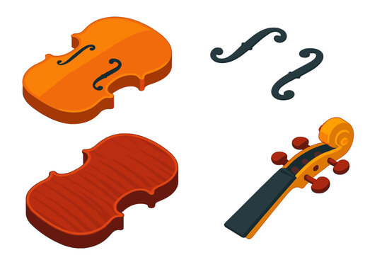 Violin Anatomy Illustration. Isometric vector illustration set Violin Anatomy Components: Arched top plate, f-hole cutouts, carved