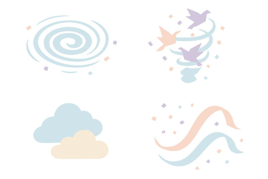 Skyfold Whirl Dynamics. Isometric vector illustration set Skyfold Whirl: circular wind pattern, origami birds spinning upward,