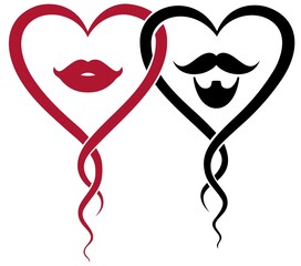 Vector illustration of romantic couple concept for Valentine's Day or anniversary Stylized male and female love symbols in red and black heart shapes