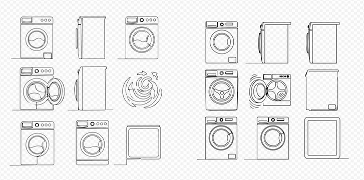 Washing machine line art vector set with front and side views, open and closed doors, and water splash icons.