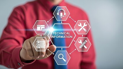 Man interacting with a holographic display centered on "TECHNICAL INFORMATION," surrounded by icons representing support, tools, documents, and search functions, symbolizing data access.