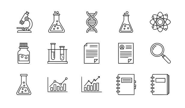Research science outline icons vector set with editable stroke for laboratory education and UI design