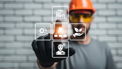 Construction worker in a hard hat and safety glasses interacting with a holographic display featuring industrial icons like factory, organization and robotics symbolizing smart industry and innovation