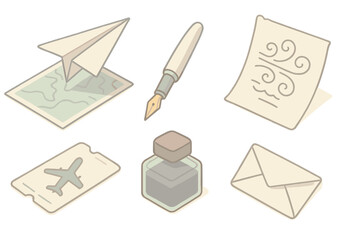 Nostalgic Travel Icons. Isometric vector illustration set of Nostalgic Flight Set: paper airplane over map, hand-drawn wind chart,