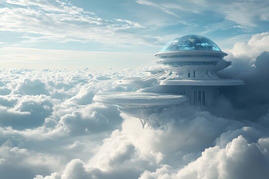 alien observatory built on a floating island above swirling clouds