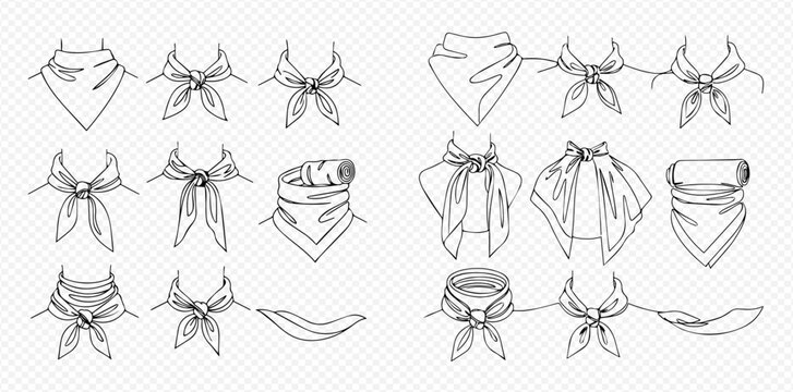 Set of hand-drawn bandana and scarf knot styles, fashion accessory, neckwear, headwear, textile, clothing.