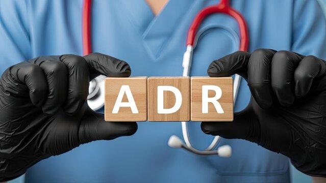 Healthcare professional in medical scrubs and black gloves holding wooden blocks displaying "ADR," representing adverse drug reactions and pharmaceutical safety.