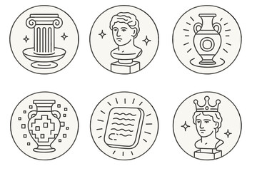 Digital Antiquity Icons. Line style circular vector icons of digital antiquity: holographic columns, marble head projection, neon