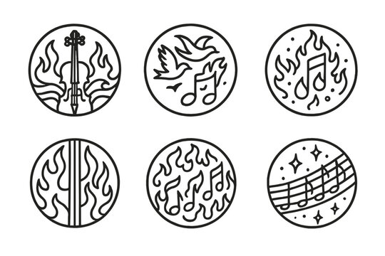 Melodic Inferno Icons. Line style circular vector icons of lyrical inferno: violin with burning waves, note birds in flight,