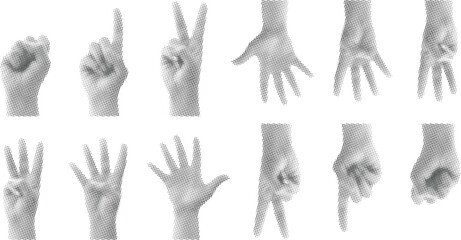 hands showing one to five fingers count signs, vintage photocopy style, retro halftone effect collection