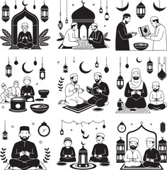 Ramadan kareem illustrations depicting islamic traditions family gatherings and religious practices in monochrome