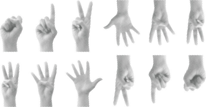 hands showing one to five fingers count signs, vintage photocopy style, retro halftone effect collection