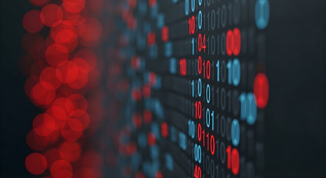 Binary code flows through a digital pathway with red and blue lights in a dark background 212