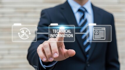 Businessman interacting with a holographic interface displaying "TECHNICAL INFORMATION" in the center, flanked by icons for settings and documentation, symbolizing efficient data access.