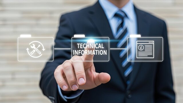 Businessman interacting with a holographic interface displaying "TECHNICAL INFORMATION" in the center, flanked by icons for settings and documentation, symbolizing efficient data access. - Powered by Adobe