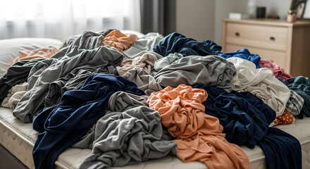 Pile of crumpled colorful clothes on a messy bed in a bedroom with a dresser