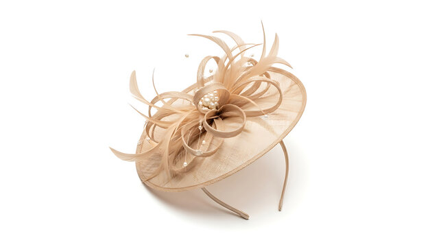 Elegant beige fascinator hat with feathers and pearls, perfect for weddings and formal events, isolated on white background.