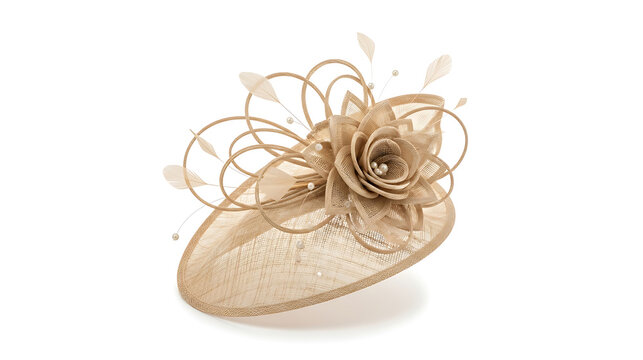Stylish beige fascinator hat adorned with a fabric rose, pearls, and delicate loops, isolated on a white background.
