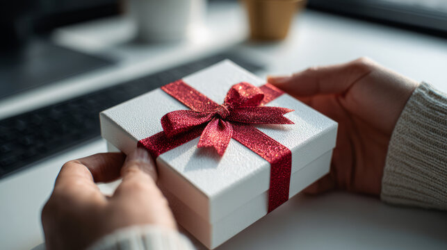 Hands holding a small white gift box tied with a sparkly red ribbon, ready to be opened