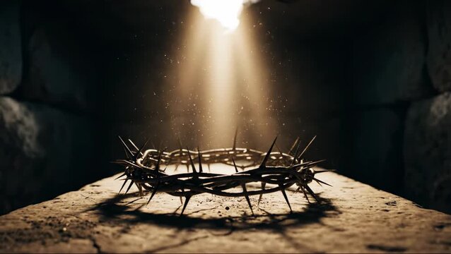 Crown of thorns illuminated by a divine light in a dark, ancient tomb, symbolizing sacrifice and resurrection.