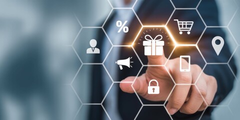 Navigating the Digital Commerce Landscape: A person interacts with an interface. The scene is immersed in a digital sphere, presenting the dynamic world of online commerce, seamless transactions.