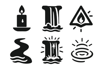 Fototapeta premium Glowing Nature Icons. Solid style icons of luminous nature in : candle, waterfall, prism flame, glowing stream, radiant cascade,