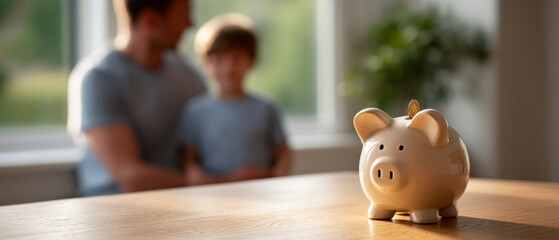 Obraz premium Close-up of piggy bank with coin on wooden table and blurred father and child in background near window