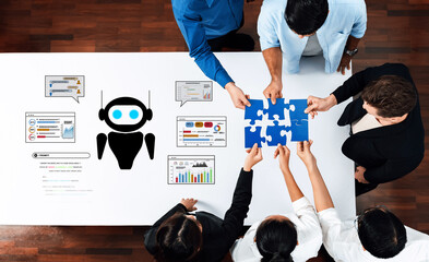A diverse team collaborates on problem-solving activities with a digital robot assistant, integrating data analysis tools and puzzle elements in a modern office setting. Trope
