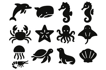 Obraz premium Marine Wildlife Icons. Solid style icons of ocean wildlife: dolphin whale, seahorse crab, starfish octopus, jellyfish turtle,
