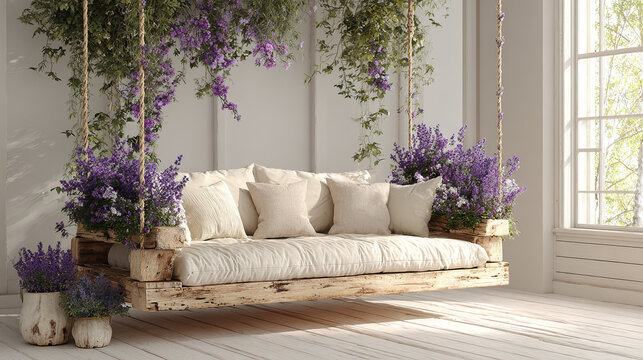 Cozy Swing Paradise: An inviting swing adorned with plush pillows and fragrant flowers, creating a serene and idyllic space for relaxation.