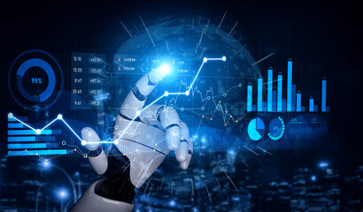 A digital representation showcasing a robotic hand engaging with various analytics and graphical...