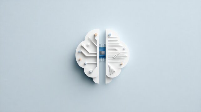Circuit board design shaped like a human brain with a dark blue chip, viewed from above against a soft blue-gray background, showcasing modern technology