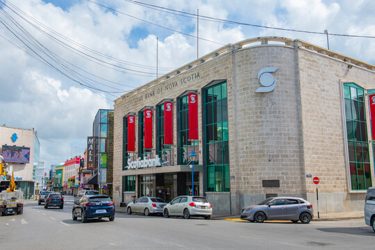 Bank of Nova Scotia (Scotiabank) on Broad Street in historic city center of Bridgetown, Barbados. Historic Bridgetown and its Garrison is a UNESCO World Heritage Site.  