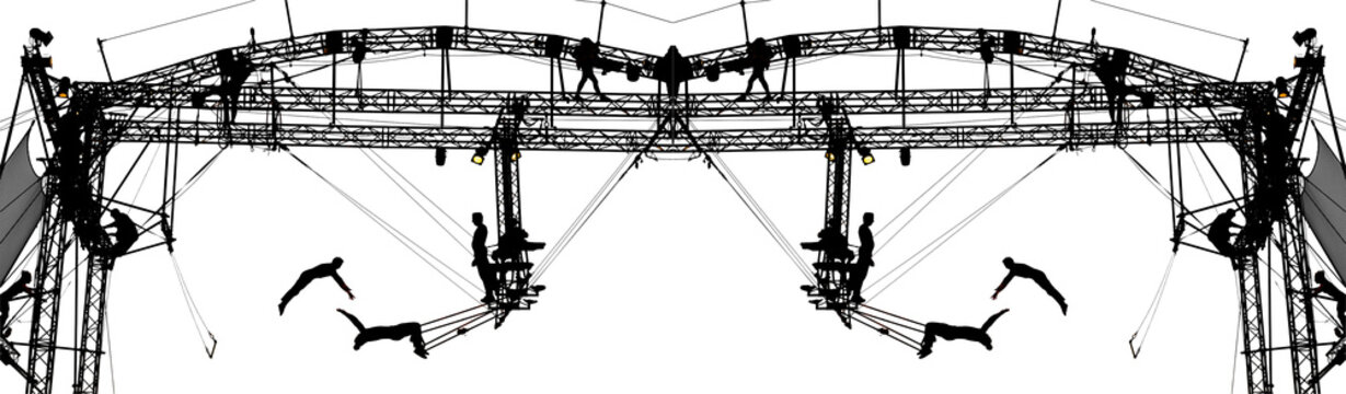 silhouettes of trapeze artists acrobats on the metal scaffolding isolated on white background