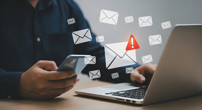 Man sitting at desk with laptop and phone receiving notifications from emails and messages - Powered by Adobe